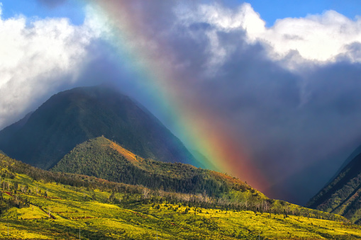 Rainbow over mountains and meadow.