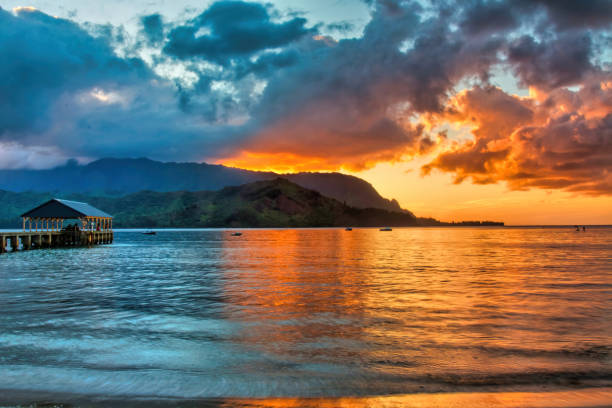 The east shore of Hanalei Bay, located on the north shore of Kauai, Hawaii.