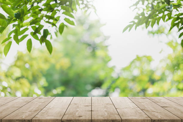 istock Empty wood table top and blurred green tree in the park garden background - can used for display or montage your products. 1267430181