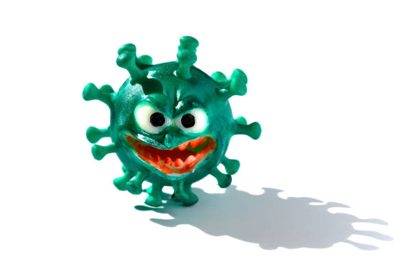side view coronavirus model with big mouth and red teeth with shadow on white background