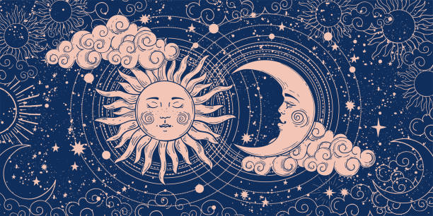 占星術、占卜、魔法的魔法旗幟。宇宙的裝置,月牙和太陽與月亮在藍色背景。深奧的向量圖,圖案。 - 塔羅牌 幅插畫檔、美工圖案、卡通及圖標