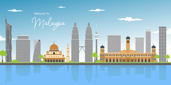 Awesome scenic panorama cityscape view in the middle of Kuala Lumpur city center. Cityscape early morning sunrise scene at Lake Titiwangsa with twins tower and mosque. Landmark of Malaysia.