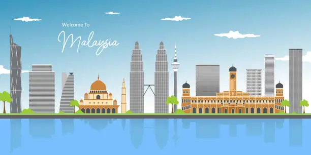 Vector illustration of Awesome scenic panorama cityscape view in the middle of Kuala Lumpur city center. Cityscape early morning sunrise scene at Lake Titiwangsa with twins tower and mosque. Landmark of Malaysia.