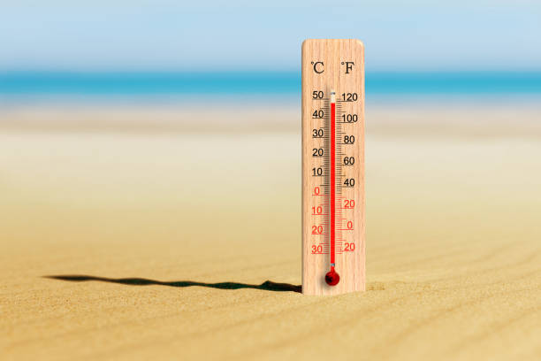 istock Sea coast at hot summer day. Thermometer in the sand shows plus 48 degrees celsius 1267443771