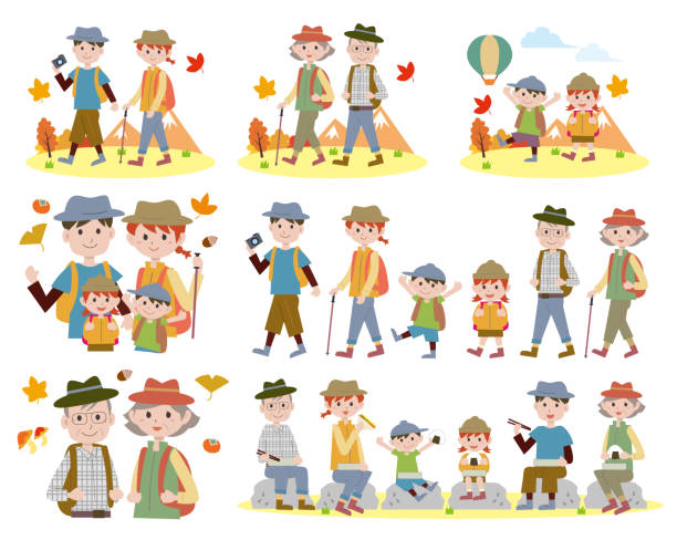 illustrazioni stock, clip art, cartoni animati e icone di tendenza di l'autunno lascia il set della famiglia escursionistica - field trip illustrations