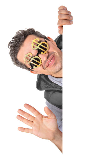 istock Blank sign - smiling man in dollar shaped sunglasses (isolated on white) 1267449163