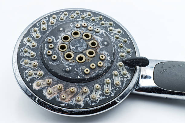 istock Silver shower head with limescales isolated on white background 1267450489