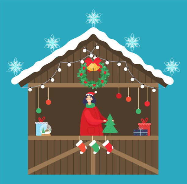 sprzedawca jarmarku bożonarodzeniowego z sosną i prezentem - christmas market stock illustrations