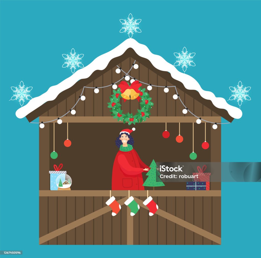 Christmas  Market Seller with Pine Tree and Present Christmas market kiosk with souvenirs. Seller selling presents and decorative items. Gifts and pine trees, socks. Stall decorated with garlands bulbs, snowflakes wreath and snowy rooftop, vector Christmas Market stock vector