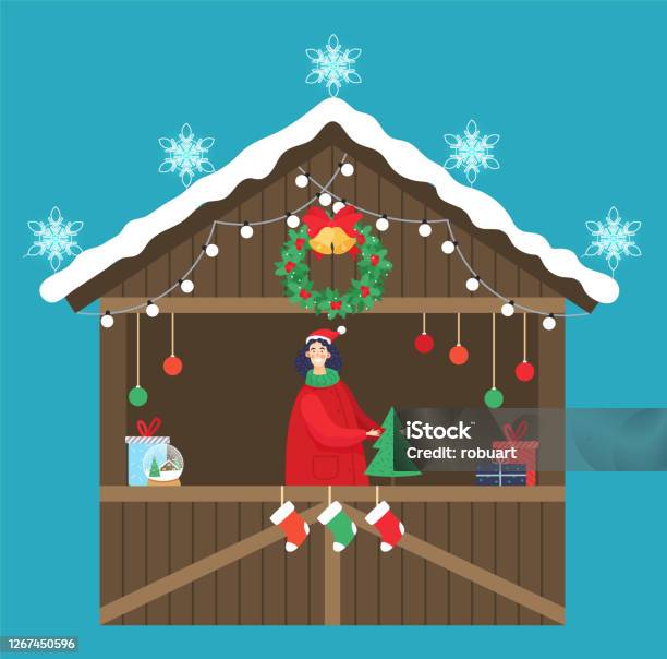 Christmas Market Seller With Pine Tree And Present Stock Illustration - Download Image Now