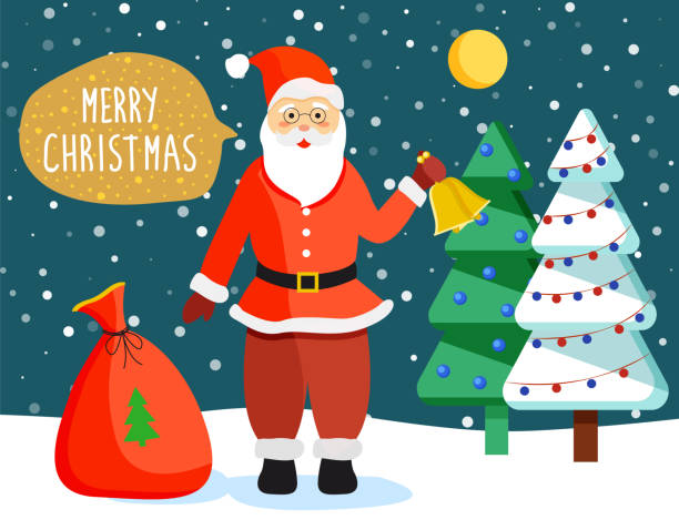 ilustrações de stock, clip art, desenhos animados e ícones de merry christmas santa claus in forest at night - belt men gift night