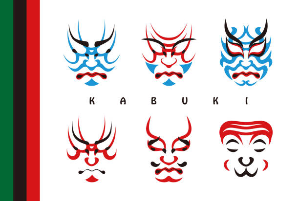 японский традиционных исполнительских искусств кабуки лицо макияж иллюстрация установить (postcard) вектор японии традиционное исполнение ис - kabuki stock illustrations