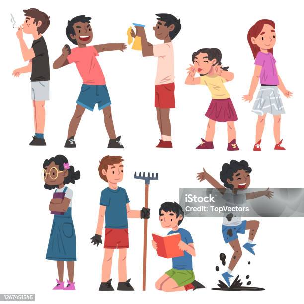 Ilustración de Conjunto De Comportamiento De Niños Buenos Y Malos Niños Traviesos Y Obedientes Niños Lindos Ilustración de Conjunto De Comportamiento De Niños Buenos Y Malos Niños Traviesos Y Obedientes Niños Lindos