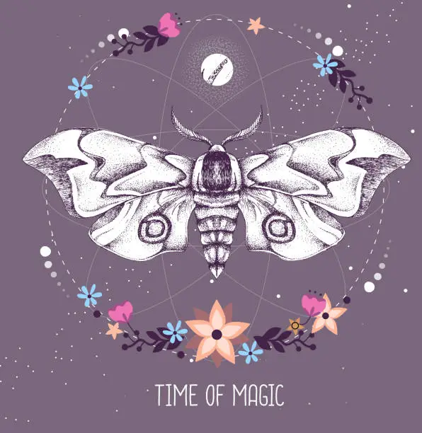 Vector illustration of Modern magic witchcraft taros card with butterfly on astrology background. Vector illustration