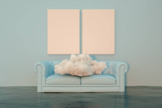 istock 3D Indoor, living room, empty frame and sea 1267454444