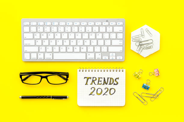 istock Social media marketing trends concept. Workplace top view 1267456597