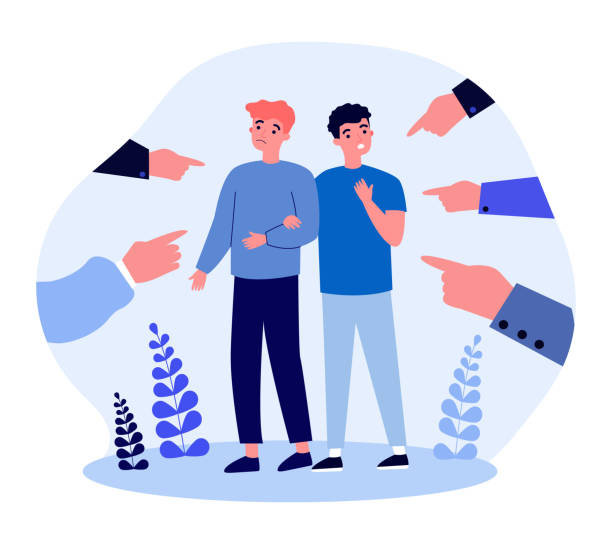 Gay intolerant society Gay intolerant society. Hands of people pointing male couple flat vector illustration. Accusation, inequality, LGBT social problems concept for banner, website design or landing web page man gay stock illustrations