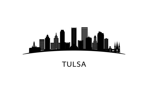 tulsa stadt oklahoma skyline. schwarzes stadtbild isoliert auf weißem hintergrund. vektor-banner. - tulsa stock-grafiken, -clipart, -cartoons und -symbole