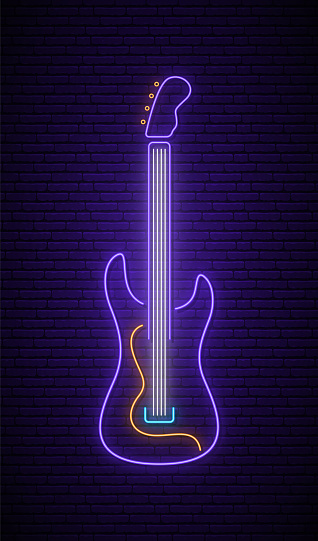 Neon guitar sign. Light neon signboard. Glowing rock guitar icon on dark brick wall background. Vector illustration.