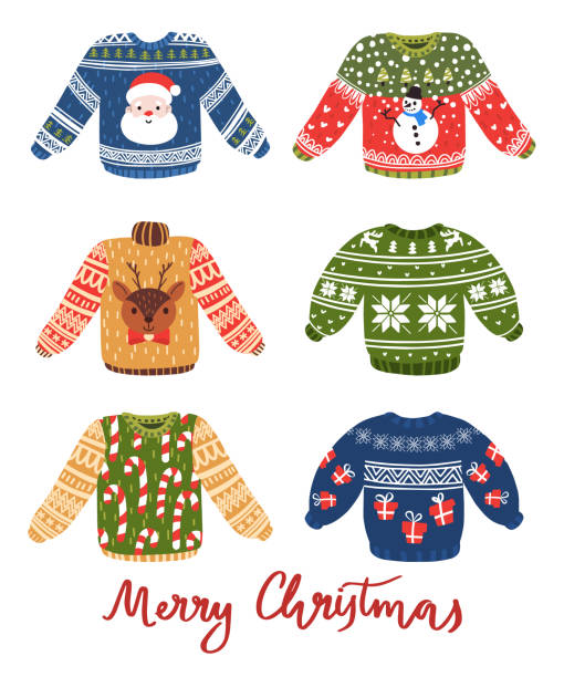 ilustraciones, imágenes clip art, dibujos animados e iconos de stock de feos suéteres fiesta de navidad - ugliness sweater kitsch holiday