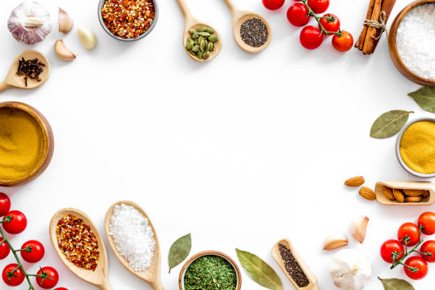 istock Frame of spices herbs and flavoring with space for text 1267459346