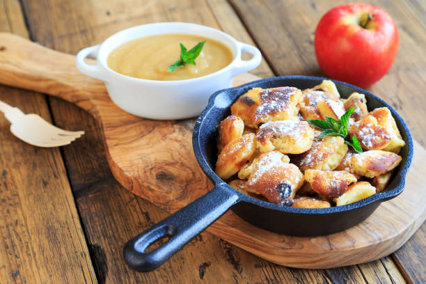 delicious kaiserschmarrn with apple compote delicious kaiserschmarrn with apple compote apple compote stock pictures, royalty-free photos & images