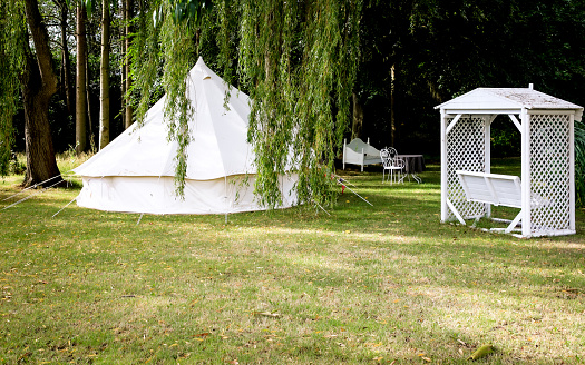 White bell tent under a willow tress
