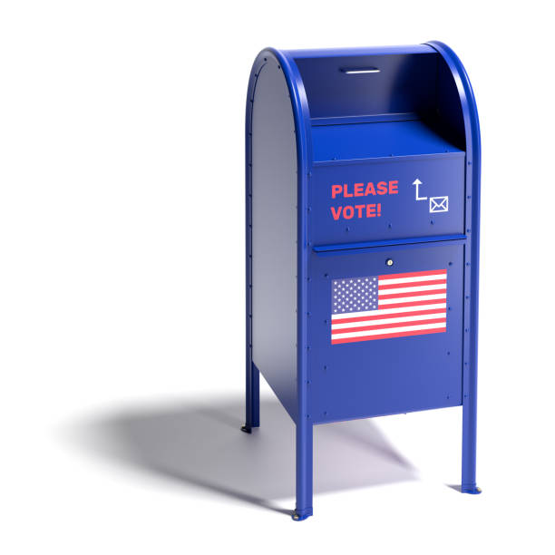 Blue mailbox in the style of the United States Postal Services with a request to vote by mail and an US flag. Mail-in ballot or absentee ballot. Isolated on white with shadow. Blue mailbox in the style of the United States Postal Services with a request to vote by mail and an US flag. Mail-in ballot or absentee ballot. Isolated on white with shadow. absentee ballot photos stock pictures, royalty-free photos & images