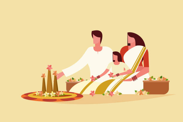 Traditionally dressed family do floral designs on floor. Concept of Onam festival in Kerala. Traditionally dressed family do floral designs on floor. Concept of Onam festival in Kerala. pookalam stock illustrations