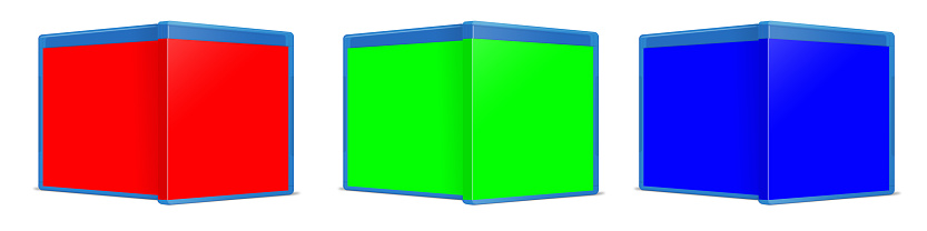 Blank Blu-ray case RGB. Illustration 3D rendering. Isolated on white background.