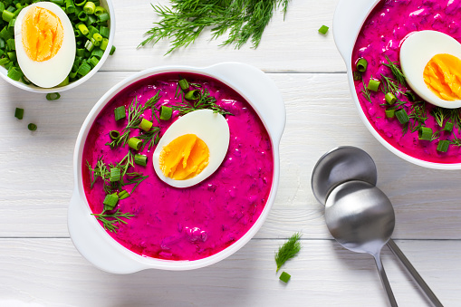 Soup from fresh young beetroot and cucumbers