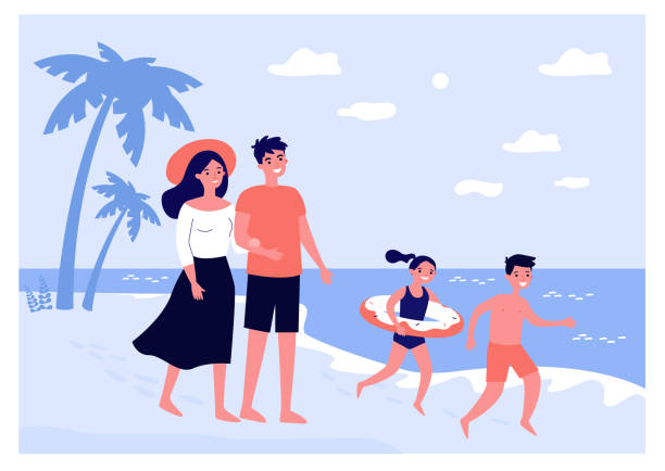 ilustrações de stock, clip art, desenhos animados e ícones de happy parents couple and kids spending summer by seaside - vector sand summer smiling