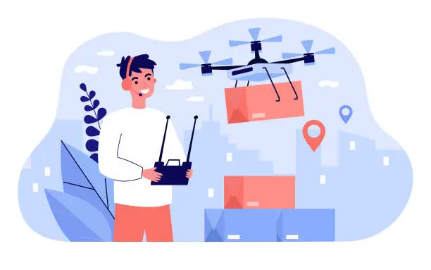 Vector illustration of Cheerful delivery manager controlling drone carrying box