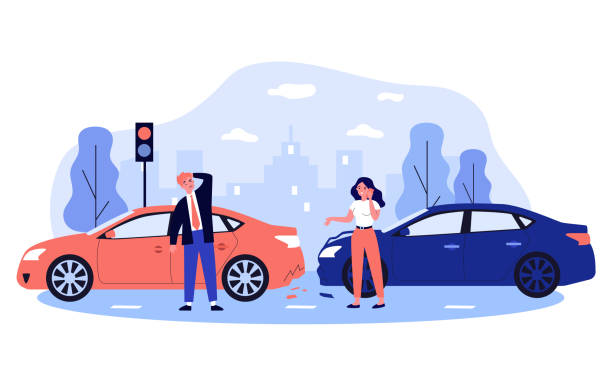 Car drivers in accident on city street Car drivers in accident on city street. Frustrated people talking on phone near damaged vehicles on road. For car driving, emergency, road incident, motor insurance concept. accidents and disasters illustrations stock illustrations