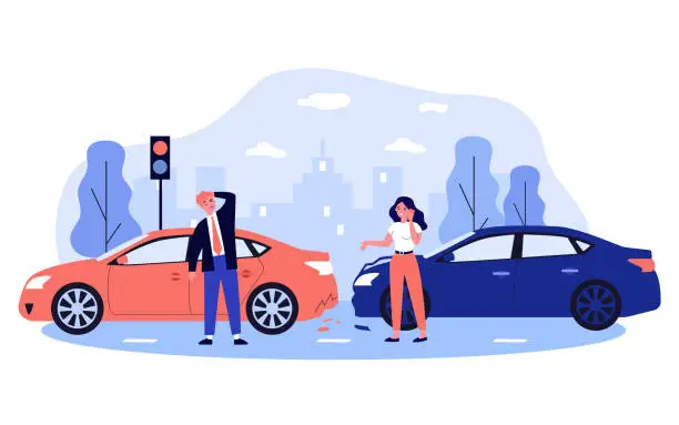 Vector illustration of Car drivers in accident on city street