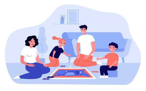 Happy parents and kids playing board game Happy parents and kids playing board game at home. Couple with two teenage children enjoying fun time in living room. For family entertainment, leisure, parenthood concept flooring illustrations stock illustrations