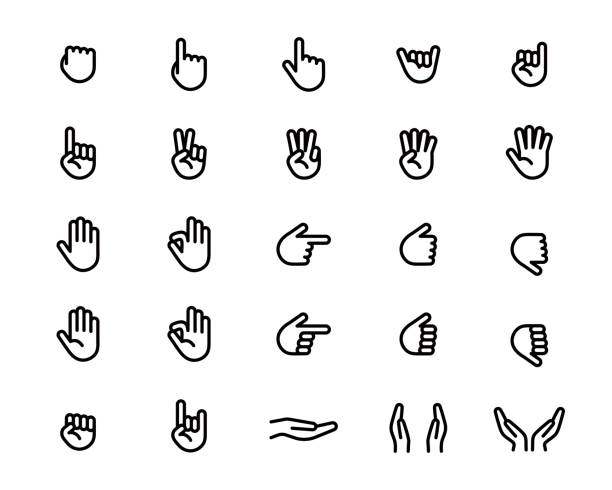 satz von hand-symbolen in verschiedenen posen wie stücke, zahlen, punkte und fäuste - friedenszeichen handzeichen stock-grafiken, -clipart, -cartoons und -symbole