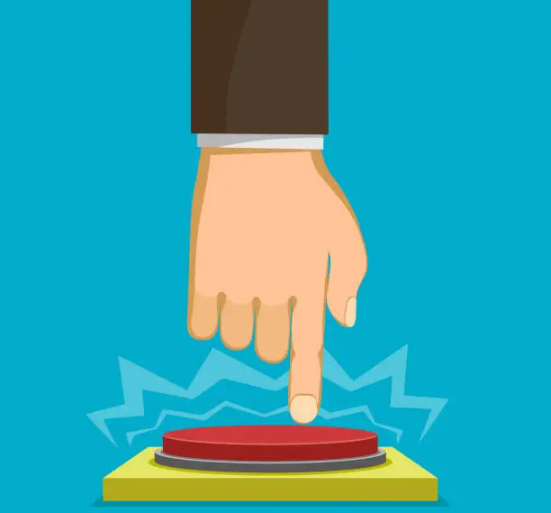 Vector illustration of Man presses his finger on the red button