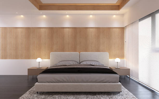 istock Interior Bedroom room modern style with wooden panel pattern background. 3D illustration 1267471726