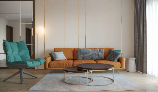 istock Interior living room modern style,brown sofa with wall decorate background. 3D illustration 1267471767