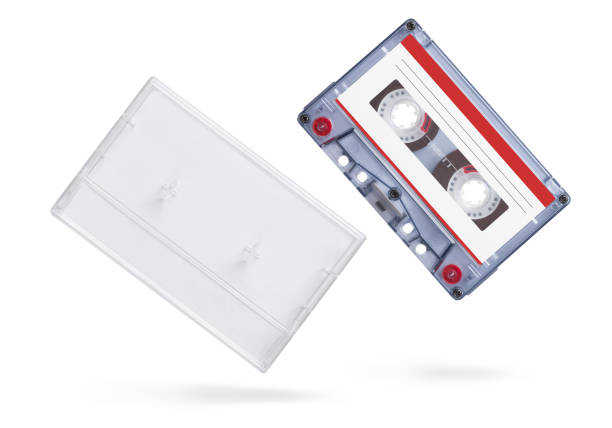 Old audio tape compact cassette with box isolated on white background with clipping path