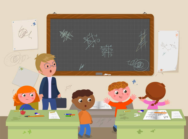 Dirty school classroom with teacher and naughty children illustration School messy classroom with bratty kids and annoyed teacher vector illustration child misbehaving stock illustrations