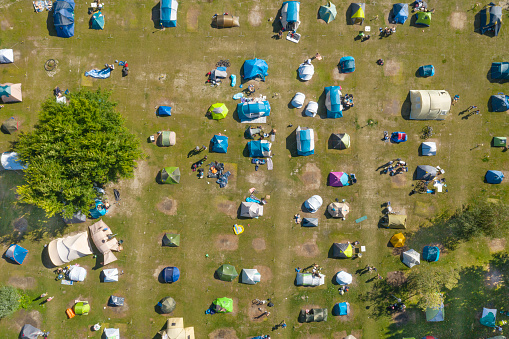 Aerial of many Tents Camping on a Meadow, Amsterdam, Netherlands