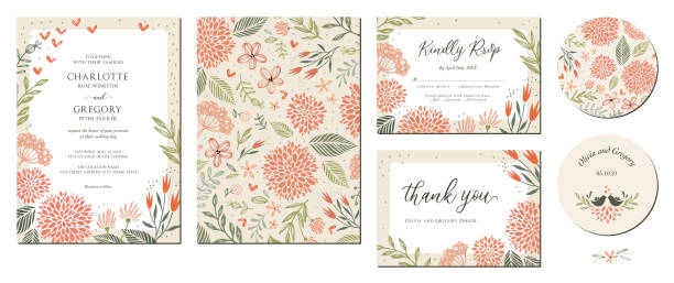 Wedding Invitation Suite_01 Universal hand drawn floral templates in warm colors perfect for an autumn or summer wedding and birthday invitations, menu and baby shower. bird borders stock illustrations