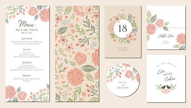 Universal Wedding Menu Suite_02 Universal hand drawn floral menu suite in warm colors perfect for an autumn or summer wedding and birthday invitations, and baby shower. label drawings stock illustrations
