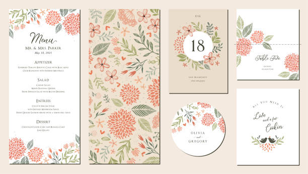 Universal Wedding Menu Suite_02 Universal hand drawn floral menu suite in warm colors perfect for an autumn or summer wedding and birthday invitations, and baby shower. floral menu card stock illustrations