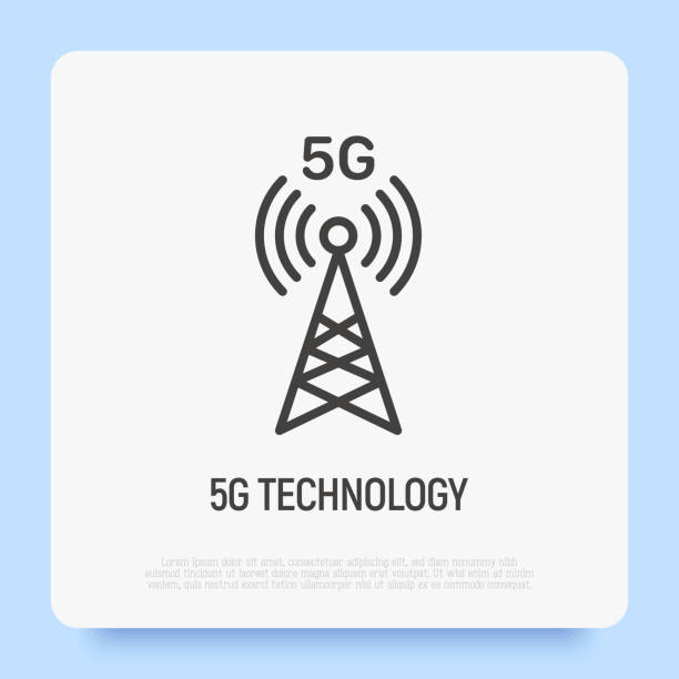 ilustraciones, imágenes clip art, dibujos animados e iconos de stock de icono de línea delgada de la tecnología 5g. torre móvil para internet de alta velocidad. ilustración vectorial. - tower