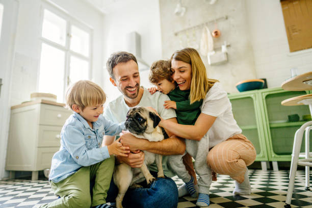 retrato de nuestro perro de la familia - family white family with two children cheerful fotografías e imágenes de stock