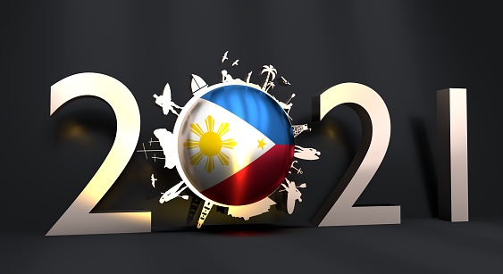 Circle with tropical recreation silhouettes. Human with surfboard, cruise ship, palm. lifeguard tower. Philippines flag in the center. 3D rendering. 2021 year number