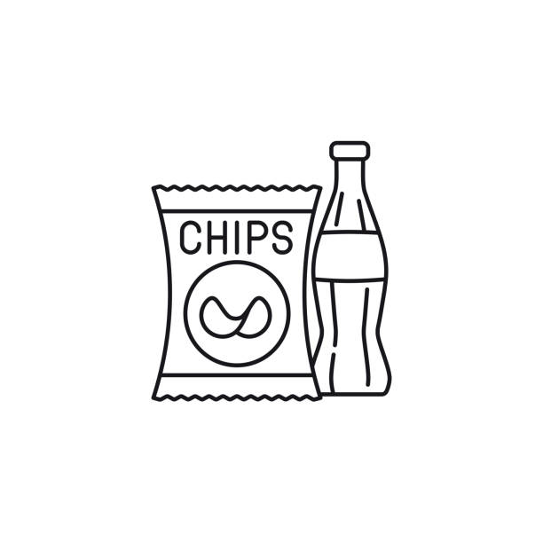 Potato chips bag and soft drink bottle vector line icon Potato chips bag and soft drink bottle  vector line icon. Unhealthy eating outline  symbol. potato chip stock illustrations